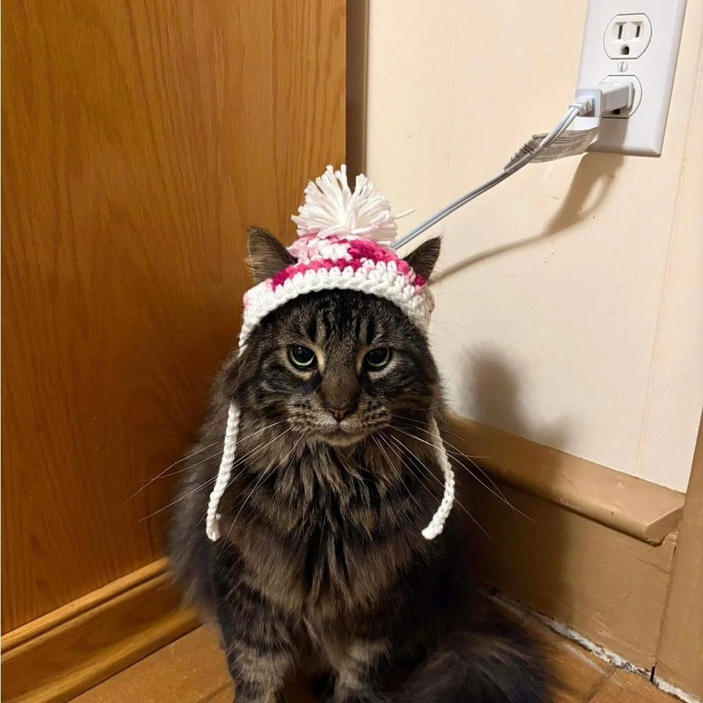 Crochet Pink and White Pom Pom Hat For Cats